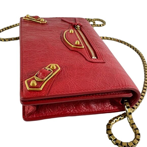 BALENCIAGA Red Leather Agneau Metallic Edge Clutch Crossbody Wallet on Chain - Picture 4 of 15